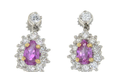 A pair of Burmese pink sapphire and brilliant-cut diamond cluster earrings.