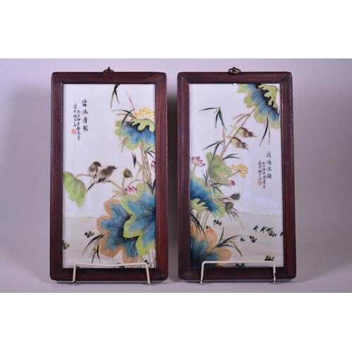A pair of Chinese polychrome porcelain panels decorated with...