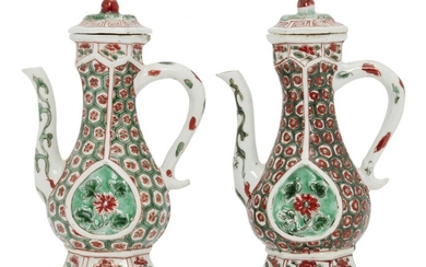 A pair of Chinese porcelain hexagonal ewers and covers for...