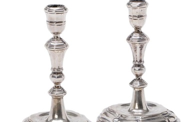 A pair of Danish Baroque silver candlesticks, baluster and knopped stem, on...