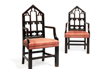 A pair of George III stained oak armchairs in Gothic taste