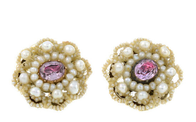 A pair of Georgian seed pearl mother-of-pearl and foil-back topaz floral cluster earrings.