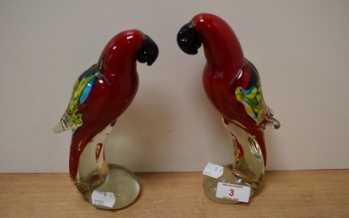 A pair of Murano art glass parrots.