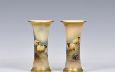 A pair of Royal Worcester porcelain sheep painted trumpet sp...