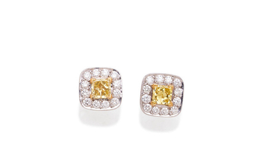 A pair of diamond and coloured diamond earrings,, by Bunda