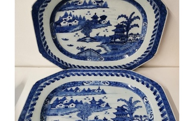 A pair of hand-painted, Chinese blue & white octagonal platt...
