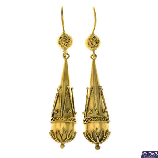 A pair of late Victorian gold cannetille drop earrings.