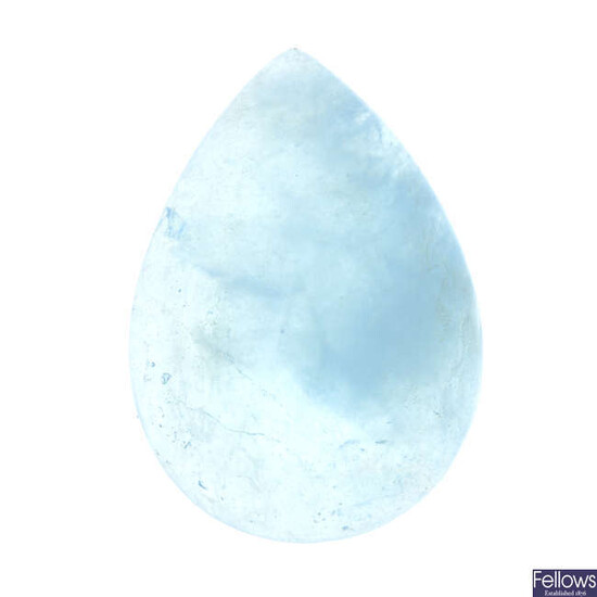 A pear-shape aquamarine cabochon, weighing 43.65cts.