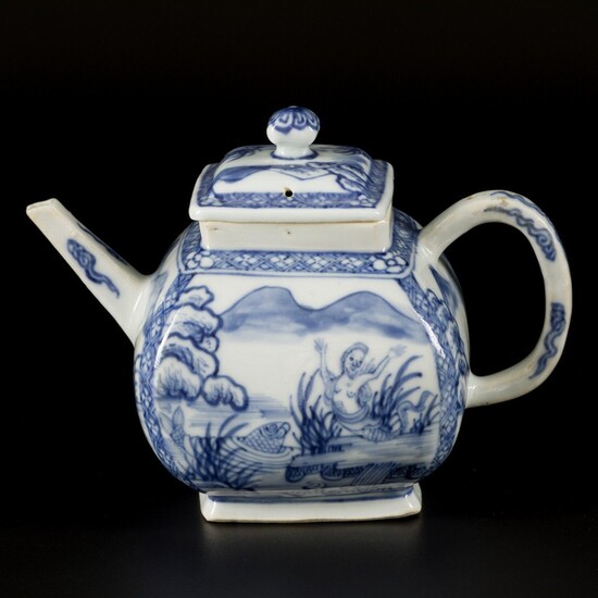 A porcelain teapot with decor of a mermaid and carp in a lake, China, 18th...