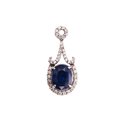 A sapphire and diamond pendant, consisting of an oval sapphi...