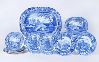 A selection of South Yorkshire blue and white printed pearlware