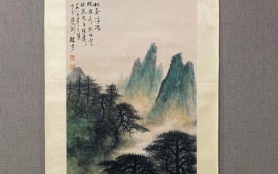 A vertical scroll of Chinese ink-on-paper landscape painting by Li Xiongcai
