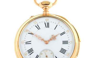 A yellow metal open face quarter repeater pocket watch, 52mm.