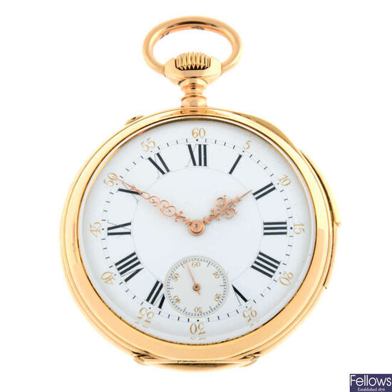 A yellow metal open face quarter repeater pocket watch, 52mm.