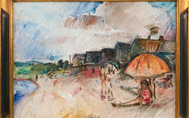 AMERICAN SCHOOL, 20th Century, Beach scene with houses, figures and an umbrella., Oil on board, 16" x 20". Framed 19" x 23".