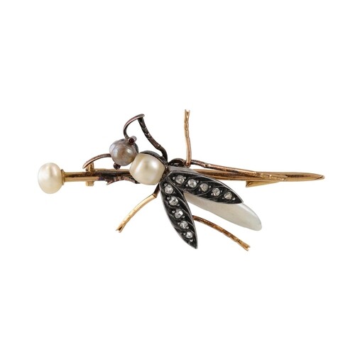 AN ANTIQUE DIAMOND AND PEARL INSECT BROOCH, modelled as a fl...