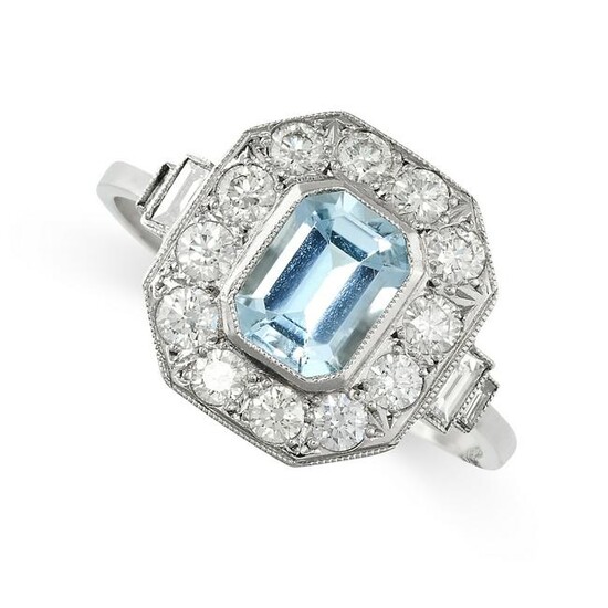 AN AQUAMARINE AND DIAMOND RING set with an emerald cut