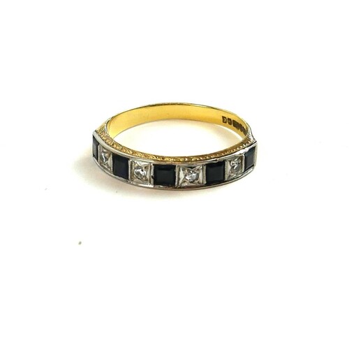 AN EARLY 20TH CENTURY 18CT GOLD, DIAMOND AND SAPPHIRE HALF E...