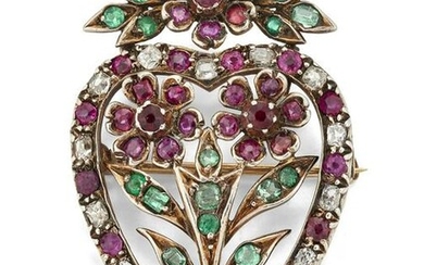 AN EARLY VICTORIAN HEART SHAPED RUBY, EMERALD AND