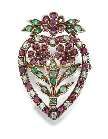 AN EARLY VICTORIAN HEART SHAPED RUBY, EMERALD AND