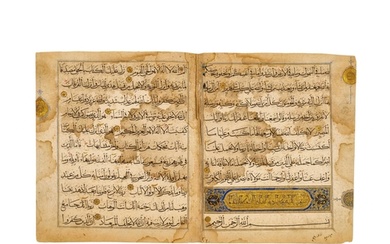 AN ILLUMINATED BIFOLIO LEAF FROM A TIMURID QURAN WRITTEN BY ...