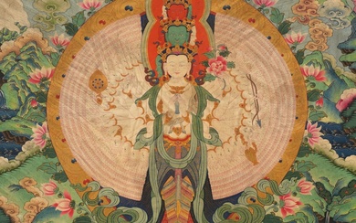 AN IMPERIAL-SCHOOL BUDDHIST PAINTING OF AVALOKITESHVARA SAHASRABHUJA, CHINA, 18TH CENTURY