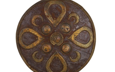 AN INDIAN IRON DHAL SHIELD WITH BRONZE DECORATION, 19TH CEN.