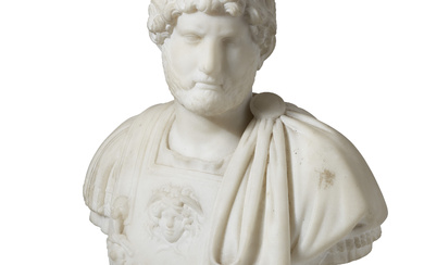 AN ITALIAN WHITE MARBLE BUST OF AN EMPEROR LATE 19TH/EARLY...