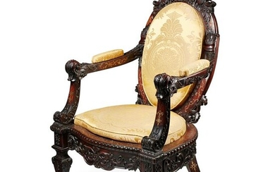 ANGLO-INDIAN BRASS INLAID CARVED ROSEWOOD UPHOLSTERED