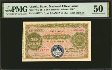 ANGOLA. Banco Nacional Ultramarino. 50 Centavos, 1914. P-46a. PMG About Uncirculated 50.