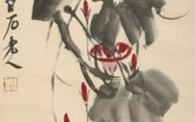 APRÈS QI BAISHI (20e SIÈCLE) GLORIE DU MATIN Une peinture chinoise, encre et couleur sur...