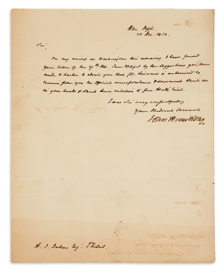 ARMSTRONG, JOHN; JR. Autograph Letter Signed, as Secretary of War, to Alexander James...