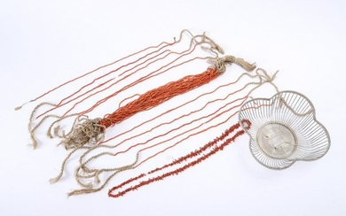 ASIAN SILVER WIRE BASKET & a GROUP of CORAL BEADS