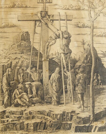 After Andrea Mantegna, Italian 1431-1506- Descent from the Cross; The Entombment of Christ; and The Entombment (vertical); heliogravures, three, published by Charles Amand-Durand, one bearing his stamp to the reverse of the paper, max. 34.x 45.5 cm...