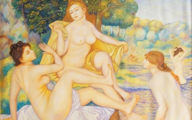 After Pierre-Auguste Renoir, French 1841-1919- Les Grandes Baigneuses; oil on canvas, bears signature lower left, 97.5 x 128 cm. Note: This painting is a copy after the original, held in the Philadelphia Museum of Art, Philadelphia.
