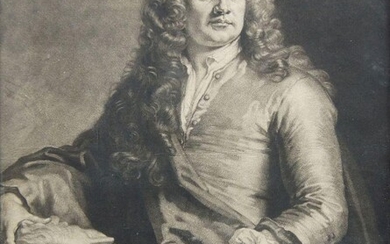 After Sir Godfrey Kneller, British/German 1646-1723- Portrait of Grinling Gibbons; mezzotint, 28 x 21.8 cm.