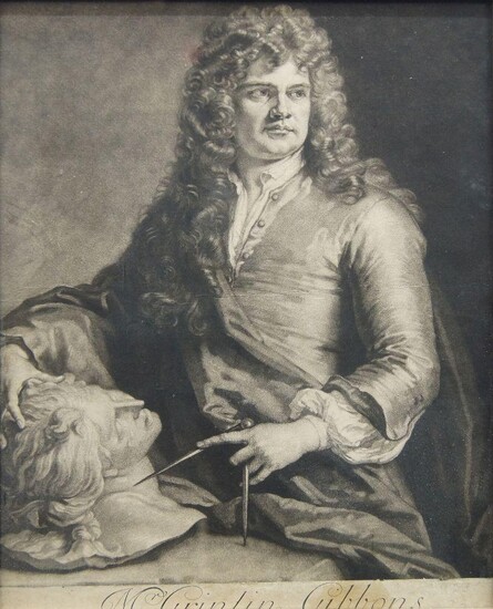 After Sir Godfrey Kneller, British/German 1646-1723- Portrait of Grinling Gibbons; mezzotint, 28 x 21.8 cm.