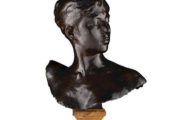 Alexandre Falguiere (1831-1900), the bust of Diana, patinated bronze on a yellow Sienna marble base,...