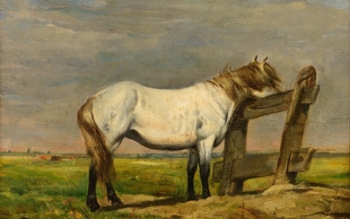 Alfred Verwee (1838-1895), a horse in the meadow, oil on panel, 18 x 24 cm