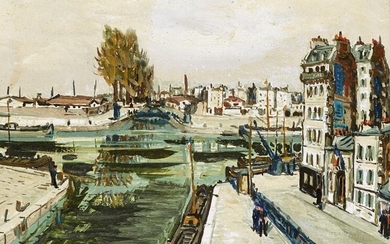 Alphonse Quizet, French 1885-1955 - Vue d’un Canal; oil on board, signed lower right ' Quizet', titled to gallery label on the reverse, 18 x 24 cm (ARR) Provenance: with Frost & Reed Gallery, London, no. 570395 (according to the label on the...