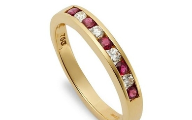 An 18ct gold ruby and diamond half hoop eternity ring.