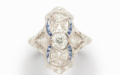 An Art Deco diamond, sapphire and platinum ring