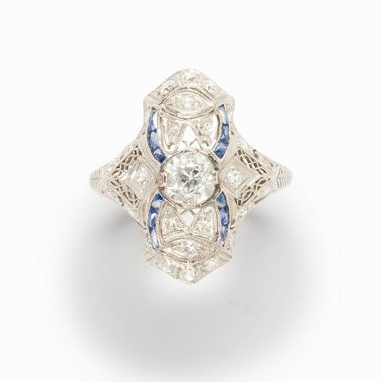 An Art Deco diamond, sapphire and platinum ring