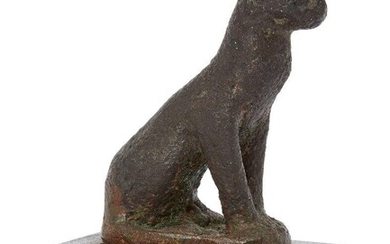 An Egyptian bronze seated cat Late Period-Ptolemaic, 664-30 B.C. Depicted seated with forepaws together, 5.4cm high, with restorations Provenance: Property of a private collector, Edinburgh (1938-2021). Acquired from Thompson, Ruddick and Medcalf...