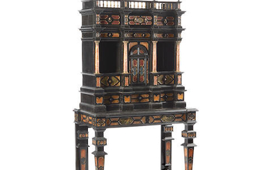 An Italian Marble Mounted and Ebonized Cabinet on Stand