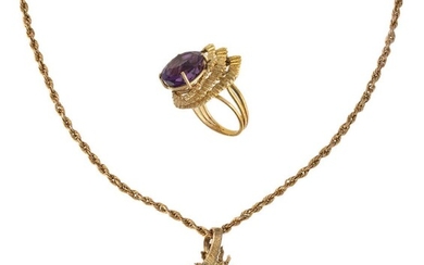 An amethyst pendant, by Deakin & Francis and ring, by Stern, c.1970, the pendant set with a pear-shaped mixed-cut amethyst within a textured radiating frame, to a rope work chain, pendant British hallmarks for 9-carat gold Birmingham, chain length...