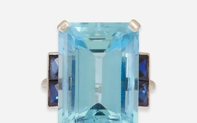 An aquamarine, sapphire, and platinum ring, Cartier
