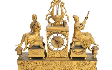 An early 19th century French Empire gilt bronze mantel clock, surmounted by...