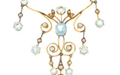 An early 20th century 15ct gold aquamarine and split pearl necklace.