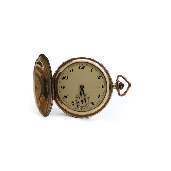 An early 20th century “sunrise” gold plated pocket watch. Golden dial with...